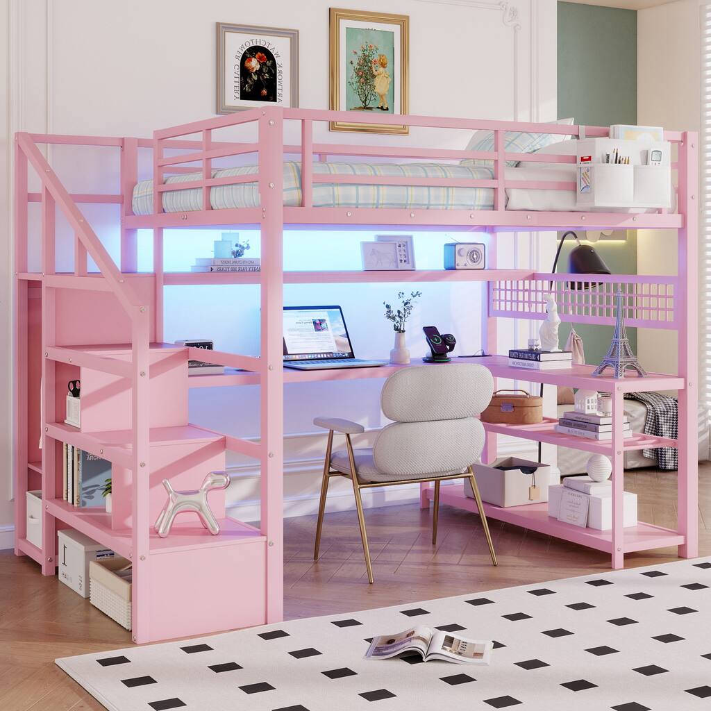 Full Size Metal Loft Bed with Staircase and Wardrobe, Loft Bed Frame with Desk, Storage Shelves, LED Lights and Charge Station
