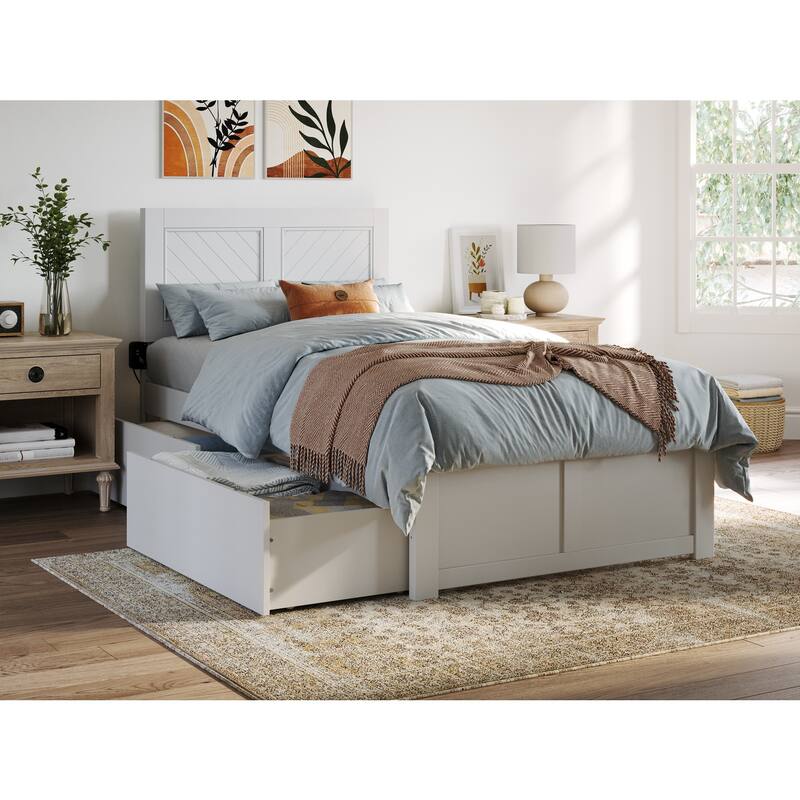 Twin Storage Platform Bed - White Wood Frame, 2 Drawers, USB Charger, Rustic Design