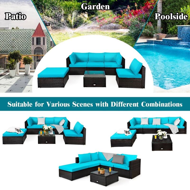 6 Pieces Outdoor Patio Rattan Furniture Set Sofa Ottoman with Coffee Table - 30'' x 30'' x 26''(L x W x H)