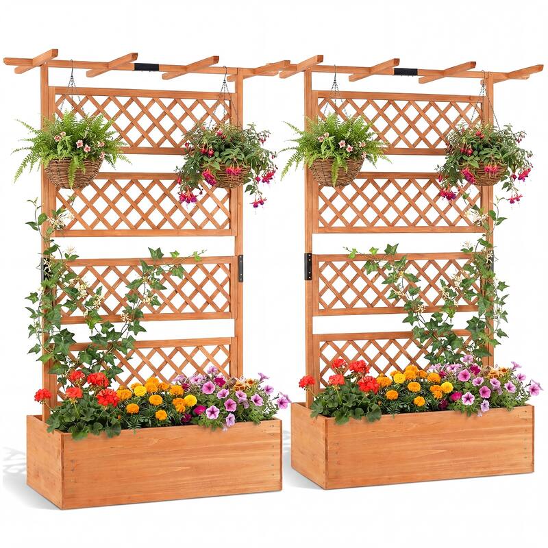 Gymax 2PCS Wooden Planter Box w/Lattice Trellis Flat Roof Drainage for - Orange