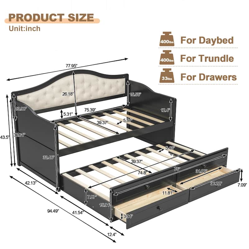 Twin Daybed with Trundle, Twin Size Daybed with 2 Storage Drawers, Wooden Sofa Bed with Upholstered Button Tufted Backrest