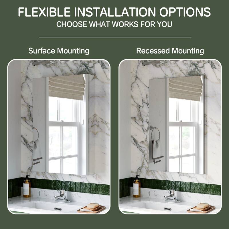 20x30 in Bathroom Medicine Cabinet, Tri-View Mirror, Left Swing, Recessed/Surface, Blum Soft-Close, Chrome Aluminum
