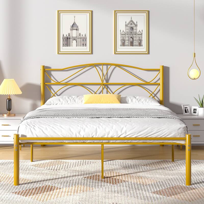 VECELO Metal Platform Bed Frame with Curved Headboard and Under-Bed Storage-No Box Spring Needed, Twin/Full/Queen Size - Gold - Full