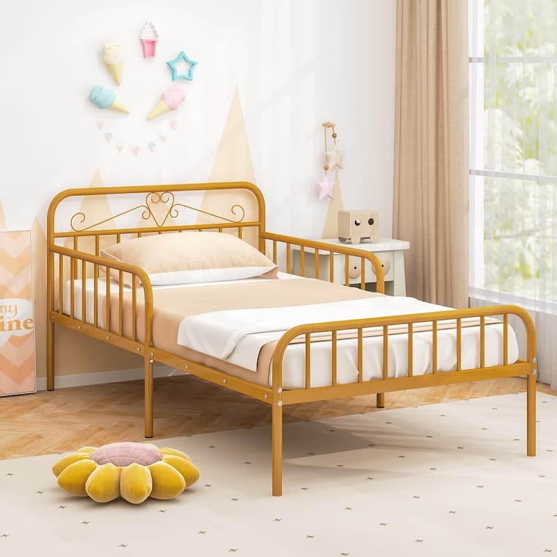 14 Metal Slats Twin Size Bed Frame with Headboard and Safety Side Guardrails