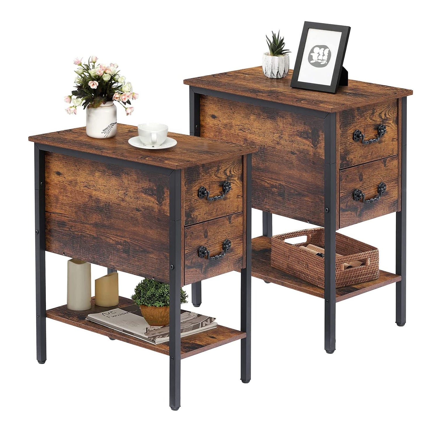 Industrial 2 Drawer Nightstand Narrow End Side Table Set of 2