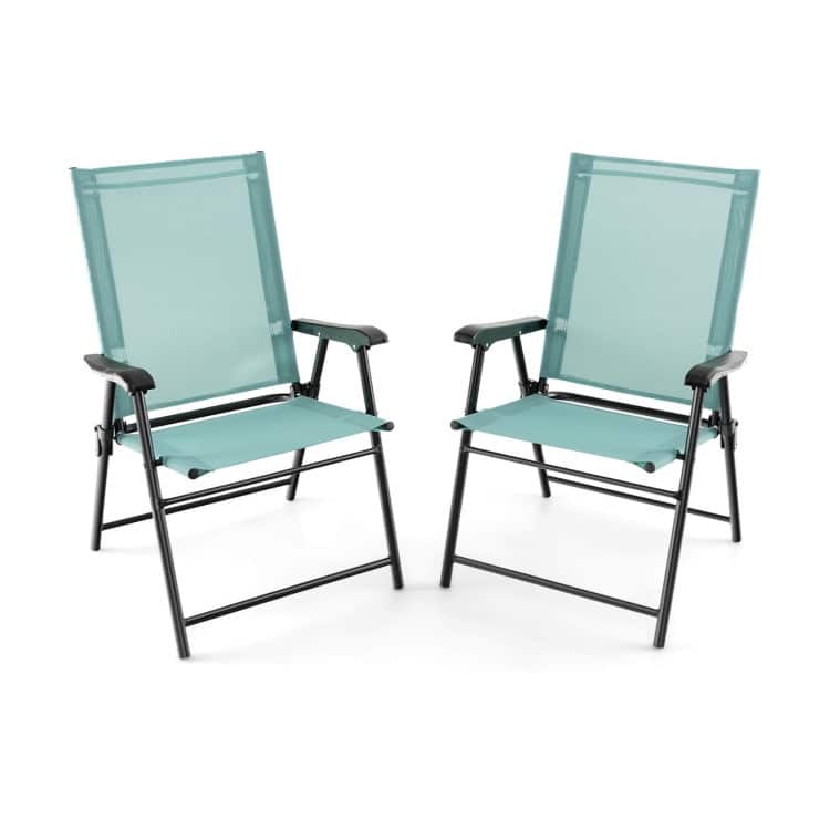 2 Set of Patio Dining Chair with Armrests and Metal Frame-Blue - 25.5" x 24" x 37" (L x W x H)