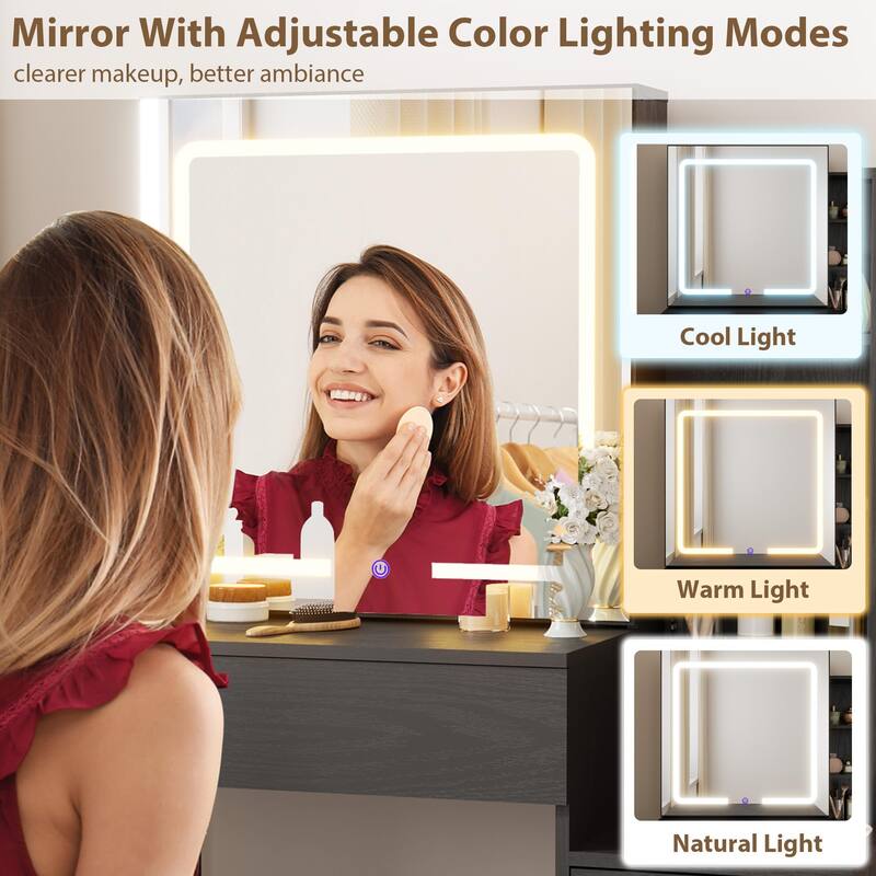 Modern Makeup Vanity with Sliding Mirror, 4 Drawers & 7 Shelves, 3 Light Colors, Charging Port & Stool Set