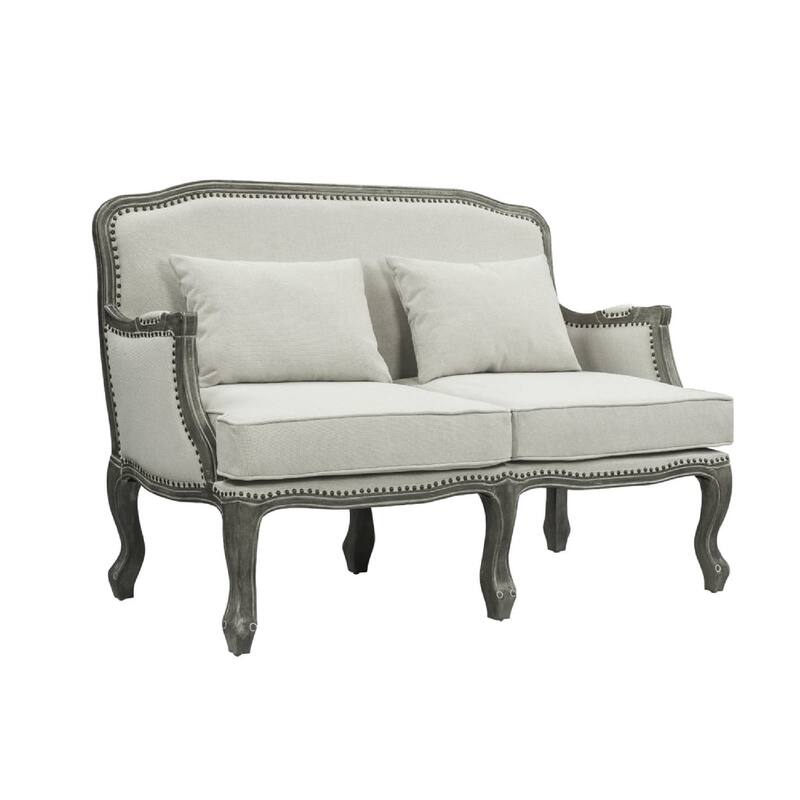Warn 56 Inch Classic Sofa, Nailhead Trim, Box Cushion, Fabric, Cream, Brown