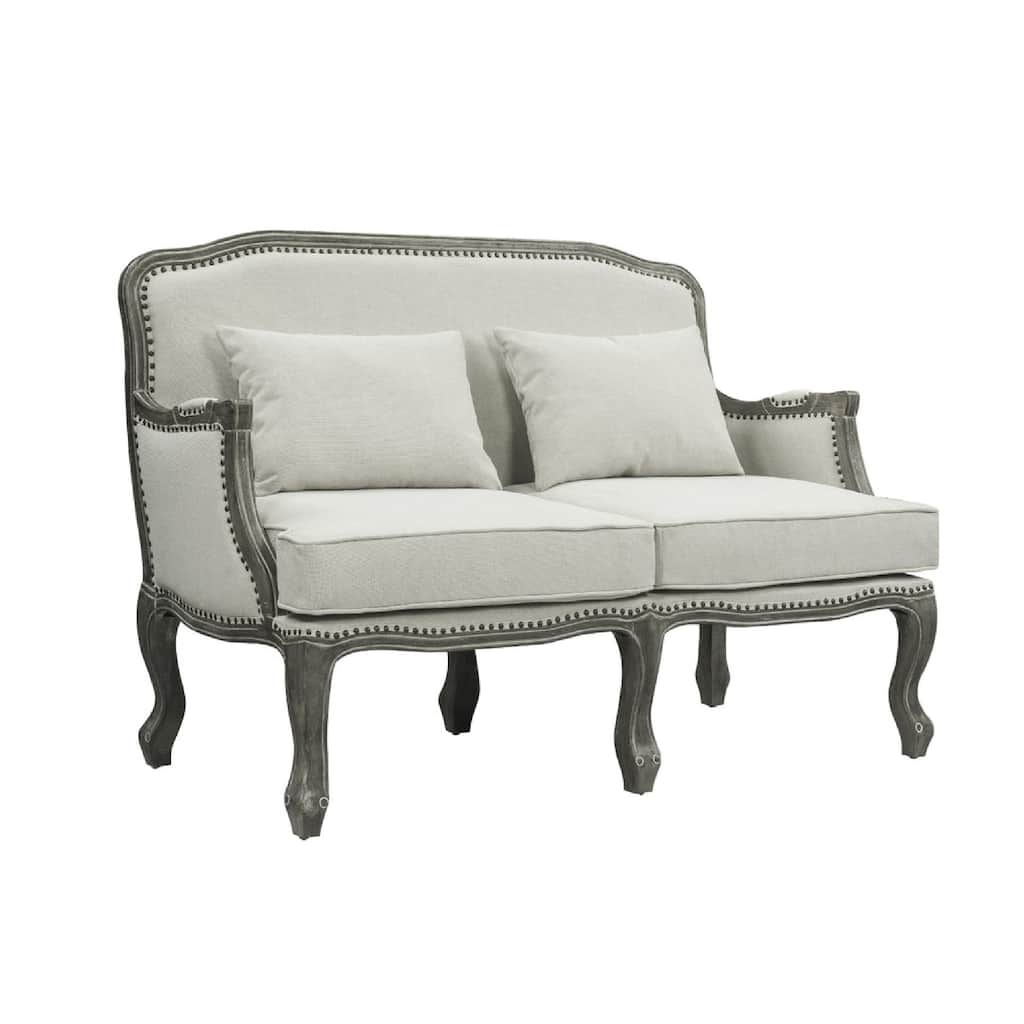 Warn 56 Inch Classic Sofa, Nailhead Trim, Box Cushion, Fabric, Cream, Brown