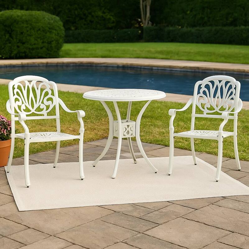 Kasa Outdoor 3pc Bistro Breakfast Set, 2 Chairs, 1 Table, White Metal