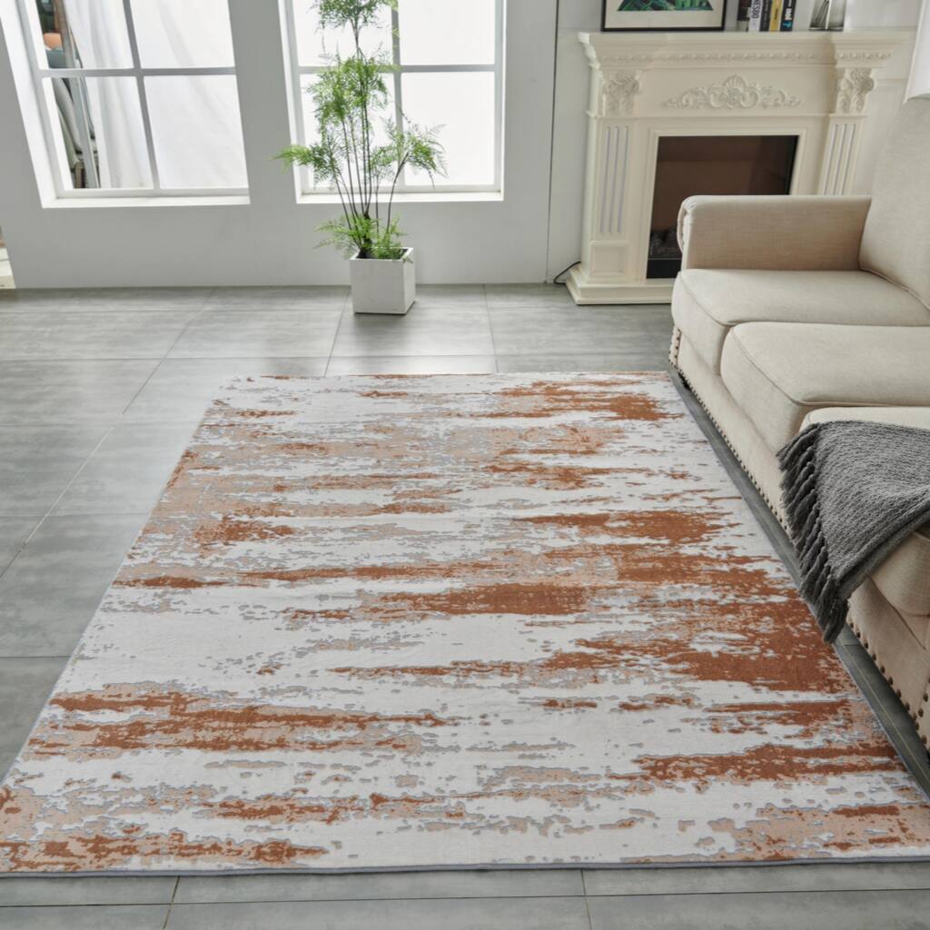Collection Abstract Design Gray Brown Rust Machine Washable Super Soft Area Rug,8' x 10' - 8' x 10'