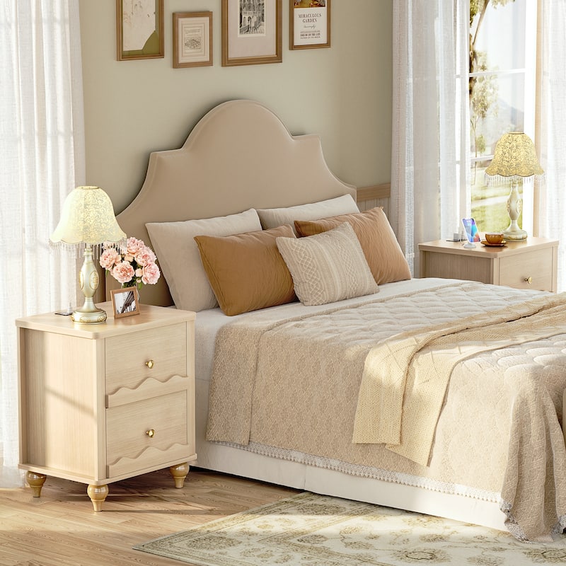 Modern Nightstand with Charging Station, Side End Table with 2 Drawers