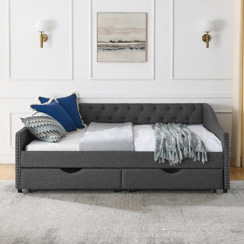 Tufted Button Daybed with 2 Storage Drawers/Upholstered Sofa Bed Frame w/Copper Nail on Waved Shape Armrests/No Spring Box Need