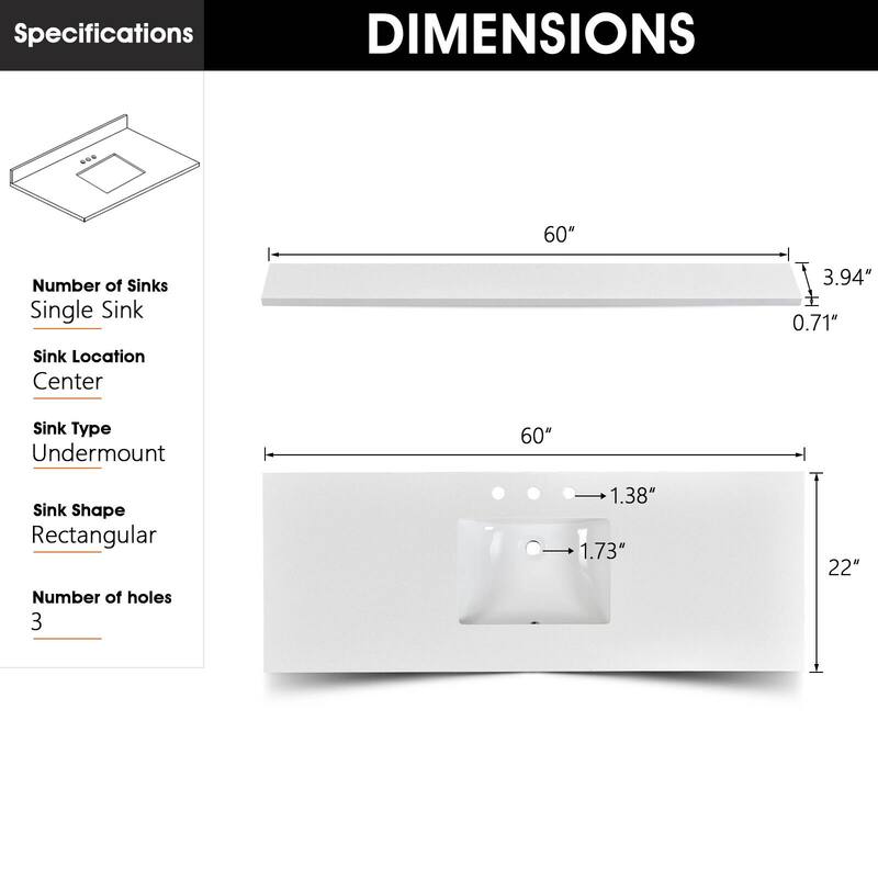 Prismglow White 60 inch Quartz Bathroom Vanity Top