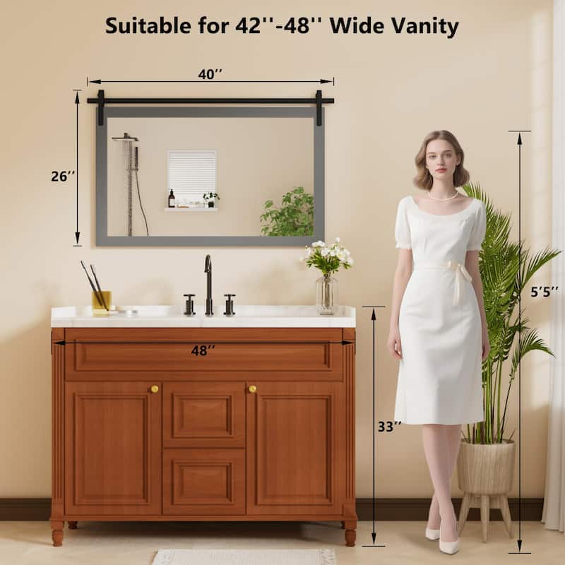 Farmhouse Rectangular Wood Frame Wall Mirror, Rustic Barn Door Bathroom Vanity Mirror