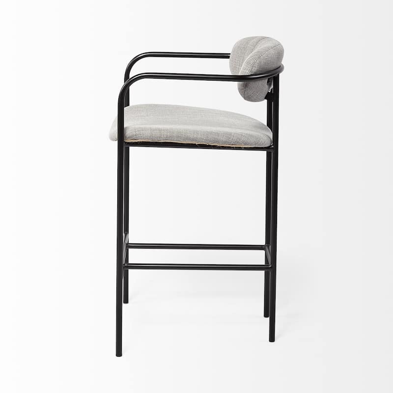Light Grey Upholstered Counter Height Bar Chair with Black Metal Frame and Armrests - 21.26” L x 20.87” W x 35.83” H