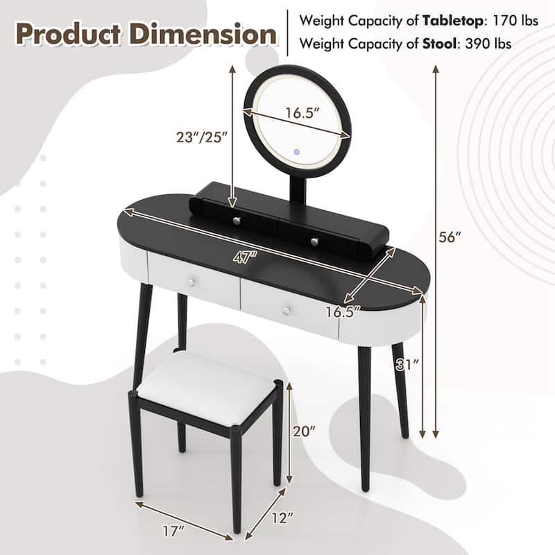 Costway Solid Wood Makeup Vanity Desk Set with LED Lighted Mirror