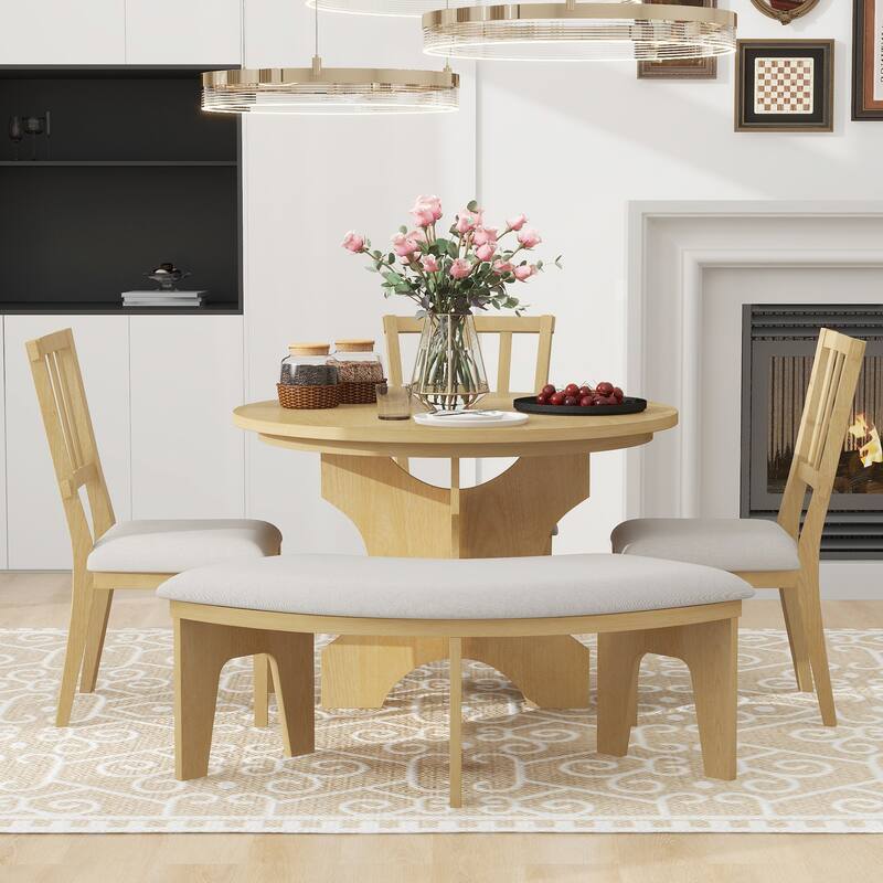 5-Piece Rustic Dining Set with Round Table, 3 Chairs & Bench
