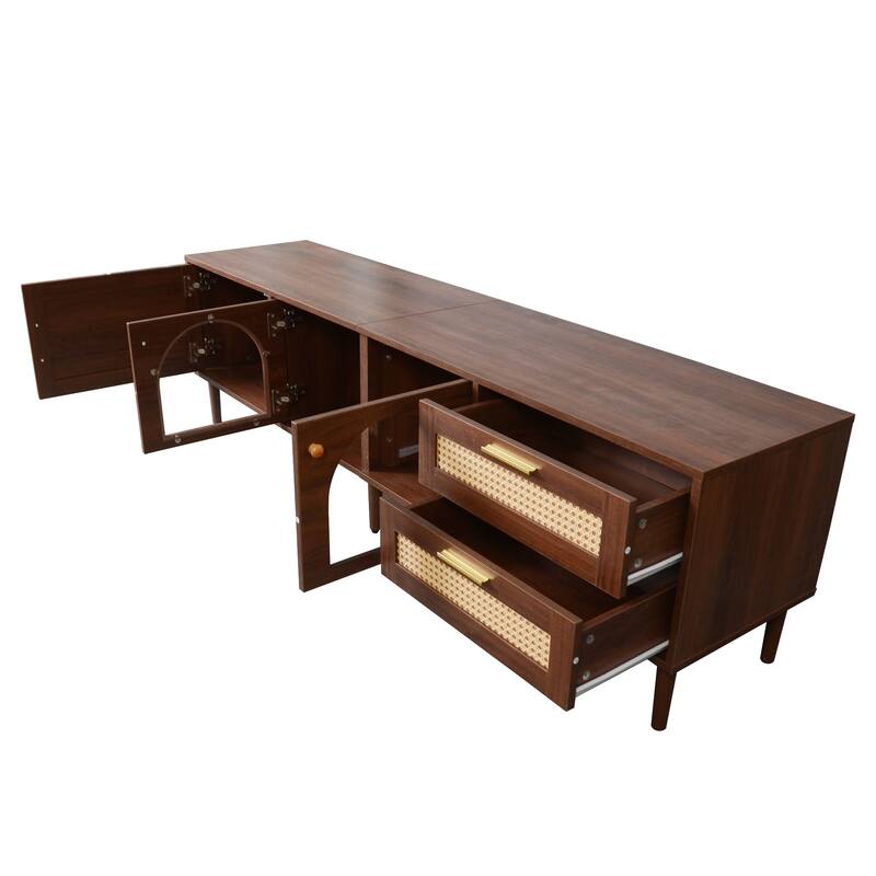 Roomfitters 70 Inch TV Stand for TVs up to 80 Inch, Modern Media Console with App-Controlled LED Lights & Glass Doors, Brown