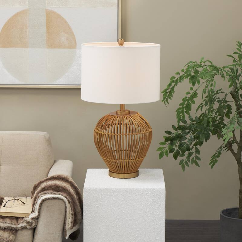 Rattan Handmade Woven Open Frame Room Table Lamp with Gold Accents - Brown - Roche River Decor