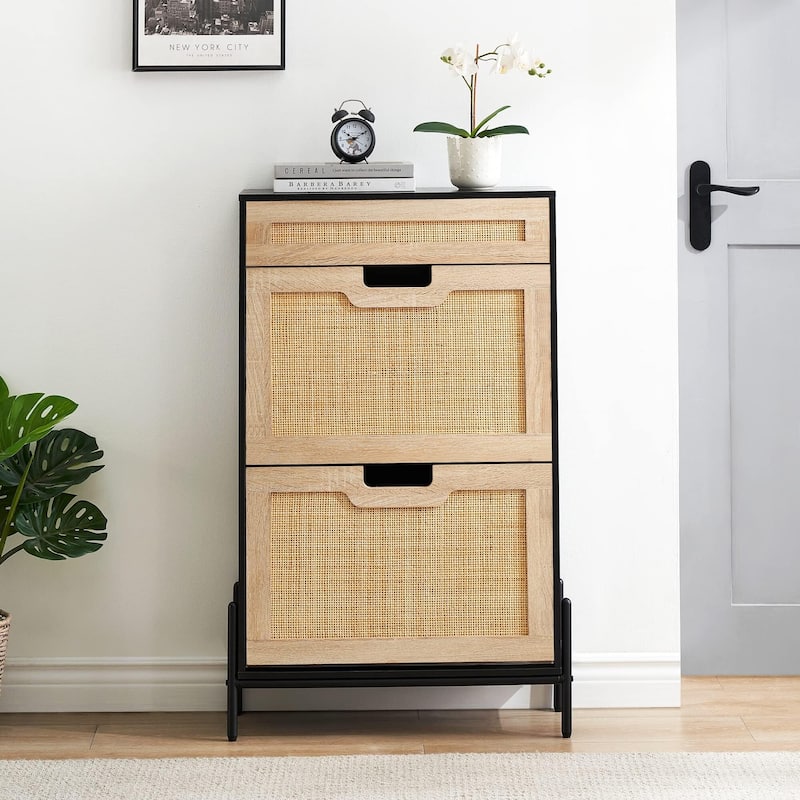 Rattan Shoe Cabinet with 2 Flip Drawers and 1 Small Drawer