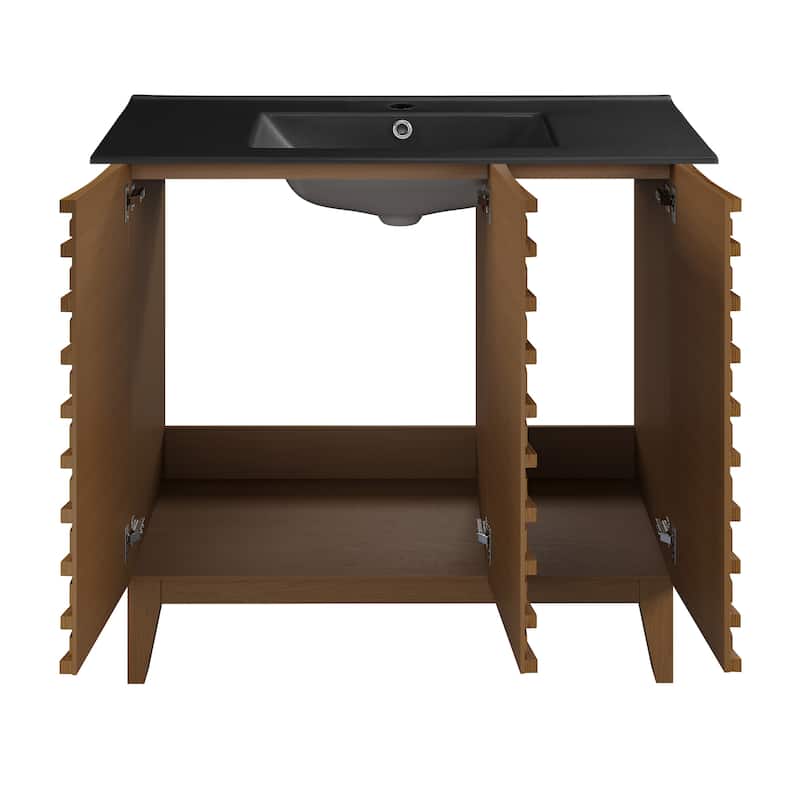 Cascade 36 In. Brown Oak Bathroom Vanity With Black Ceramic Sink Top