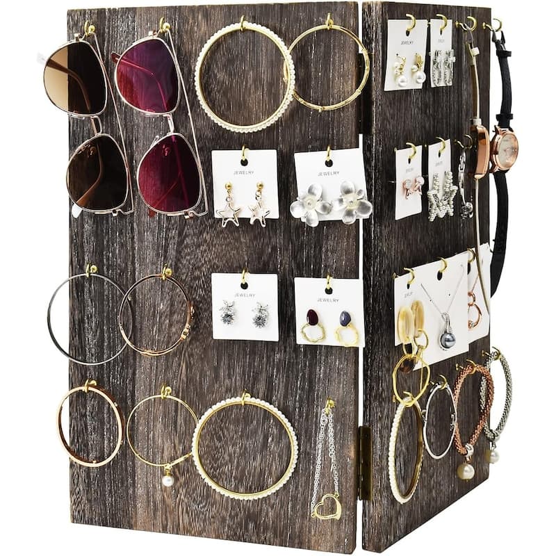 Wooden Foldable Panel Jewelry Display Stand with 32 Hooks - S