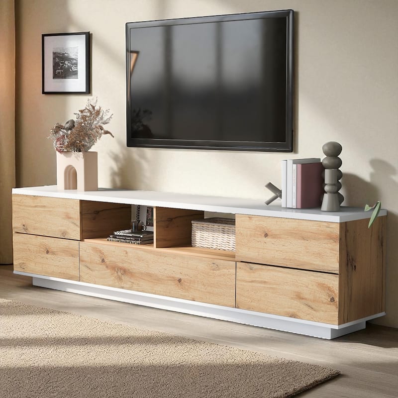 Modern 80 Inch TV Stand with Storage, Media Entertainment Console with Door Rebound Device and 8 Compartments - Natural