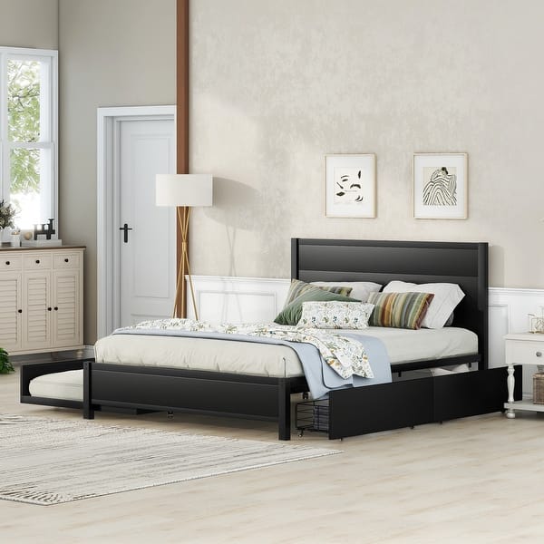 slide 2 of 9, Queen Size Storage Platform Bed with Twin Size Trundle and 2-Drawers, Black
