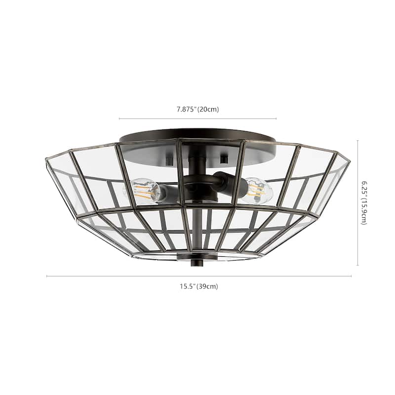 Eivissa 15.5" 2-Light Farmhouse Rustic Iron/Glass LED Semi Flush Mount, Oil Rubbed Bronze/Clear by JONATHAN Y