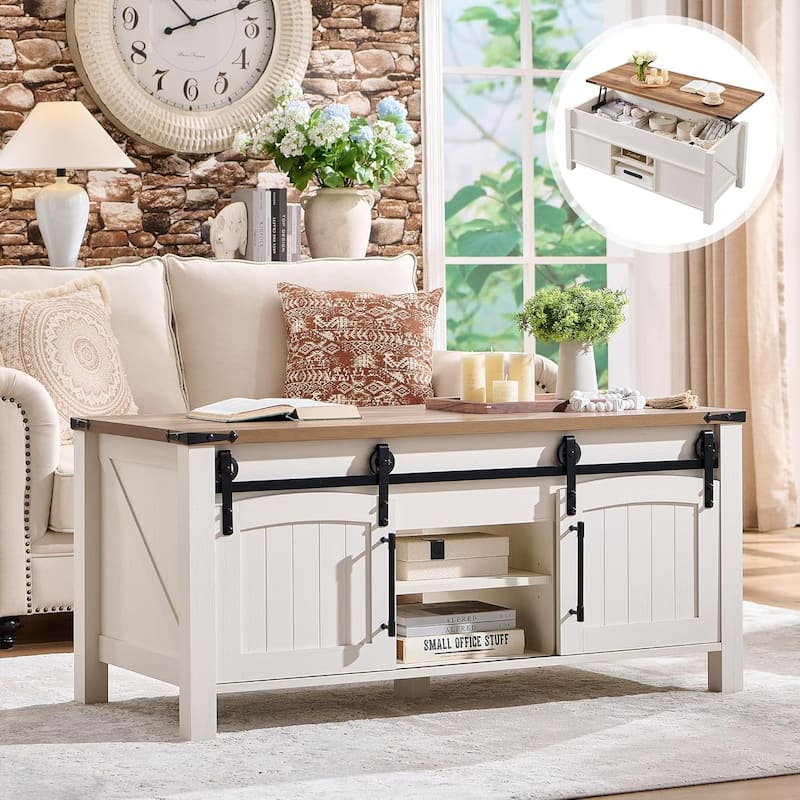 Farmhouse Lift Top Coffee Table, Rustic Wood Center Table - Antique White