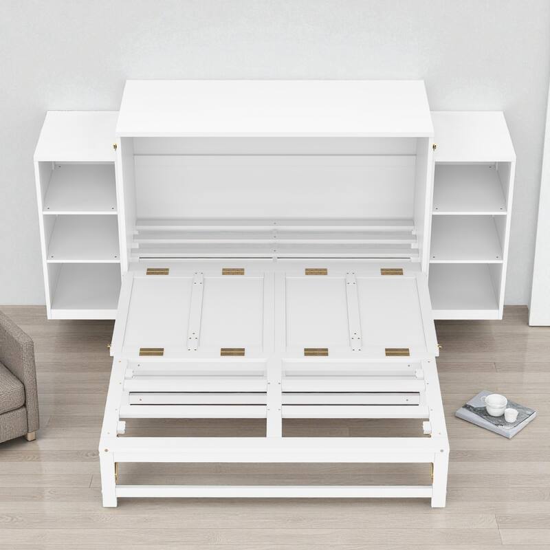 Full/Queen Size Murphy Bed with Storage Drawers and Shelves, Space-Saving Foldable Wall Bed for Guest Room