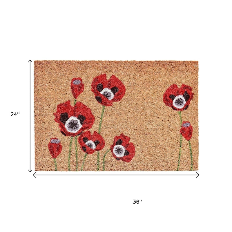HomeRoots 24" X 36" Natural And Red Coir Floral Outdoor Door Mat - 24' X '36