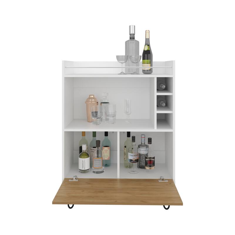 Tori 42" Tall One-Door Bar Cabinet with Three Cubbies, Three Shelves, Top Prep surface with Rail for Living room White