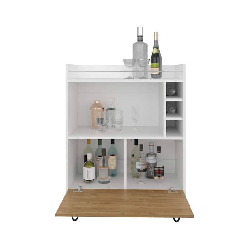 Tori 42" Tall One-Door Bar Cabinet with Three Cubbies, Three Shelves, Top Prep surface with Rail