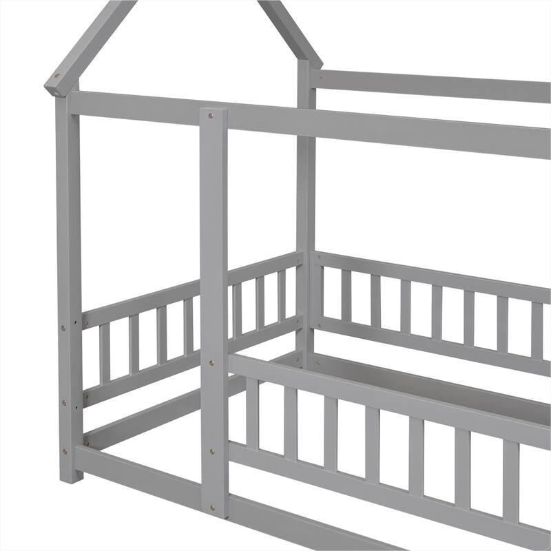 Floor Wooden Bed with House Roof Frame, Fence Guardrails