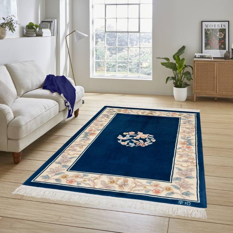 Gertmenian Oriental Estate Traditional Oriental Floral Border Metallion Hand Knot Wool Area Rug Collection - Imperial Sapphire Bloom - 3x5