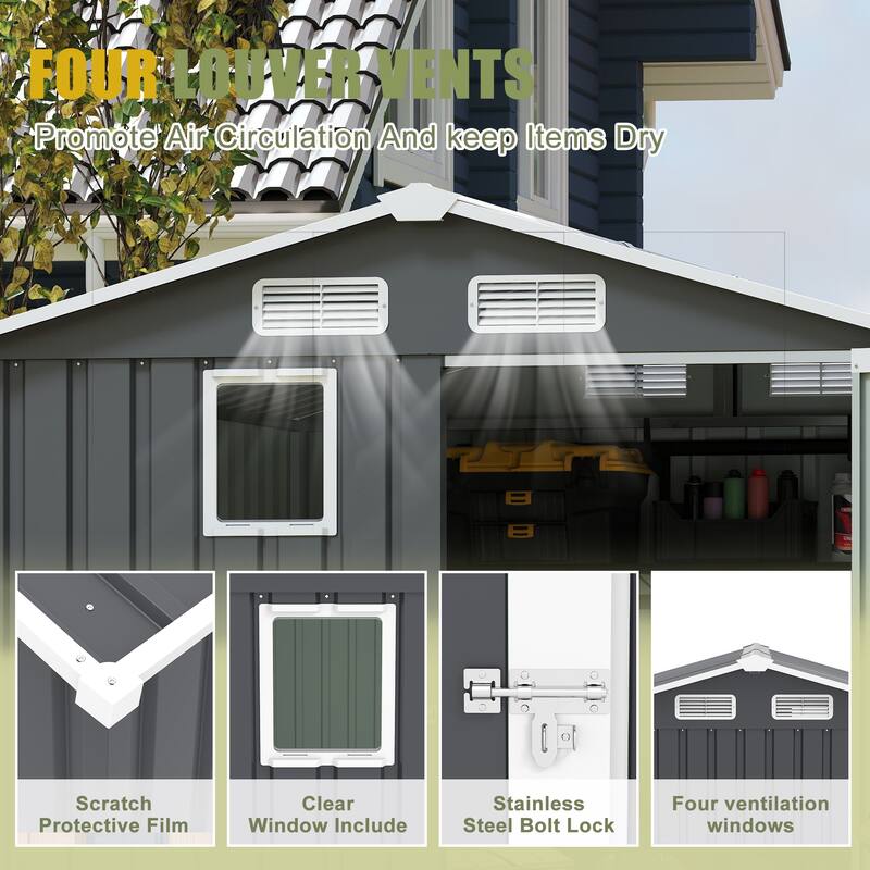 6x8FT Outdoor Steel Storage Shed with Clear Window, Lockable Doors, Compact Metal Tool Shed for Garden