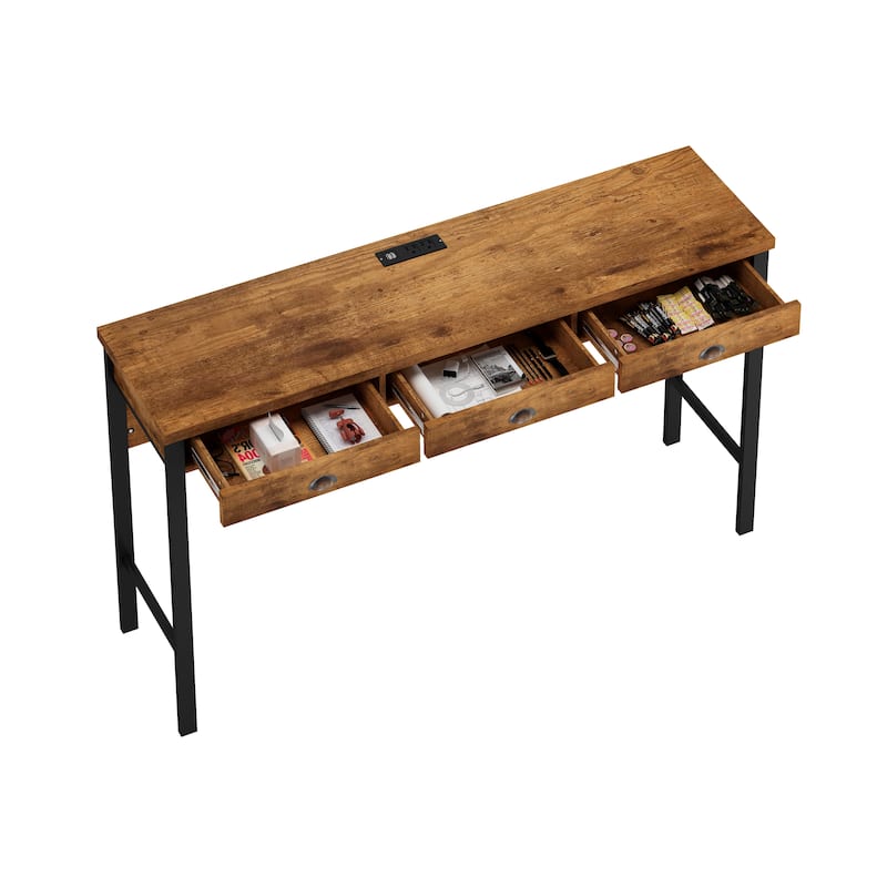 3-Drawer Long Dining Table Set with Power Outlets - Brown
