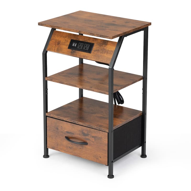 Wood Nightstand with Charging Station,Drawer and Shelf (Set of 2)