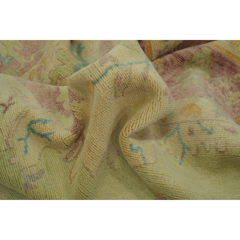 Vegetable Dye Green Oushak Turkish Area Rug, Floral Geometric Carpet - 12' 1'' X 9' 2''