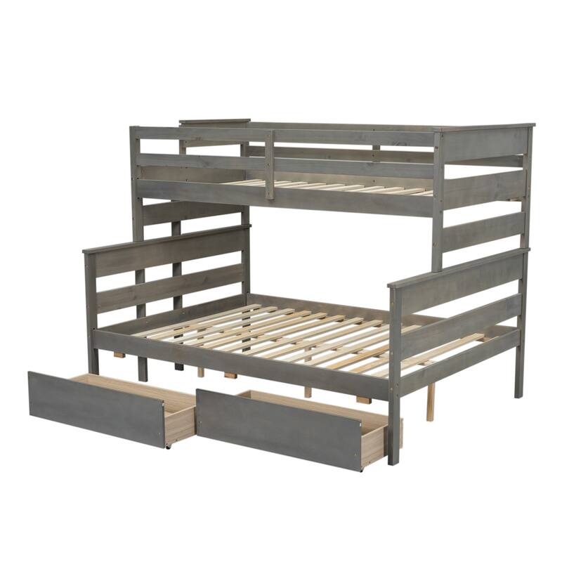 Twin over Full Solid Wood Bunk Bed Slat Support Full Length Guardrail Up Bed Separable Bed Frame with Drawer or Trundle