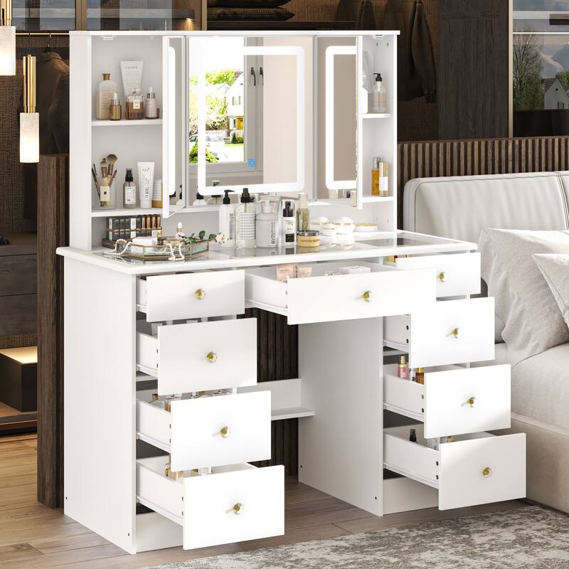 Vanity Desk with Lights, Makeup Vanity with Lights 3 Colors,9 Drawers - 53.9"H