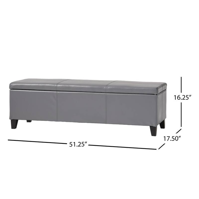Elias Storage Ottoman Bench, Gray Faux Leather, Stitch Detail, 51 Inch