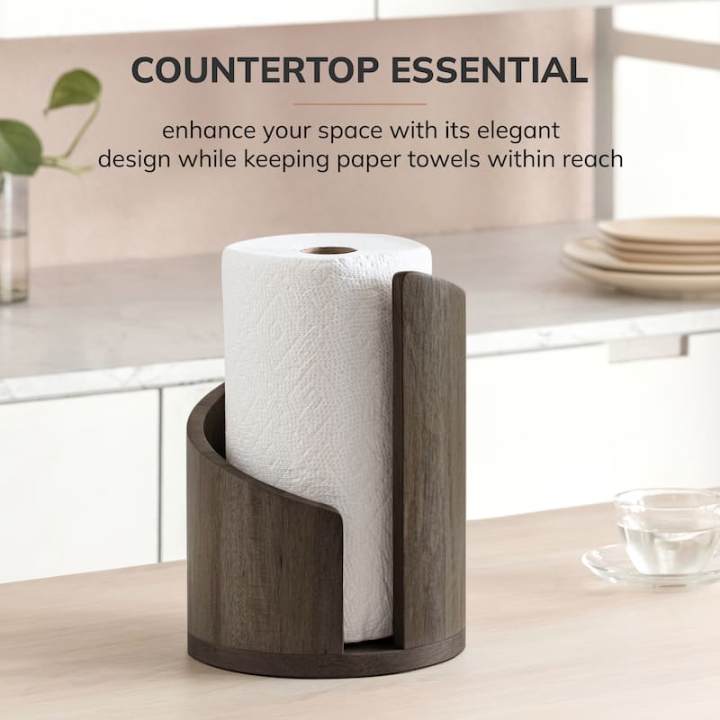 Jani Wooden Paper Towel Holder Stand with Mango Wood Base and Metal Rod - Durable Countertop Kitchen Organizer for Roll Storage