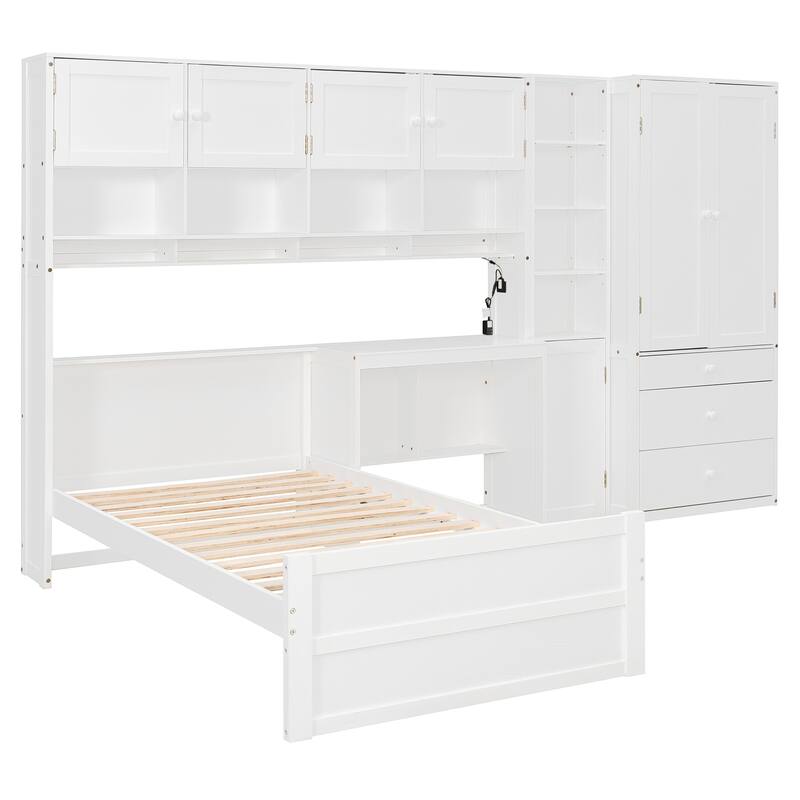 Twin Size Murphy Bed Cabinet Foldable Wall Bed Frame with Storage Wardrobes, Desk & Shelves, Wooden Hidden Platform Bed Chest