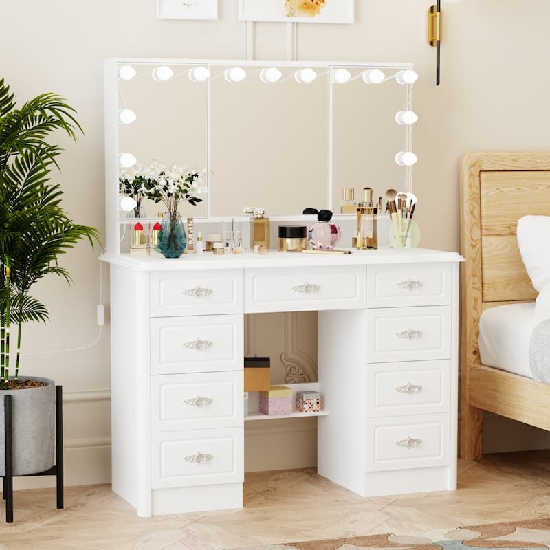 40.2"W Elegant Makeup Vanity Tri-Fold Mirror Lighting Dressing Table
