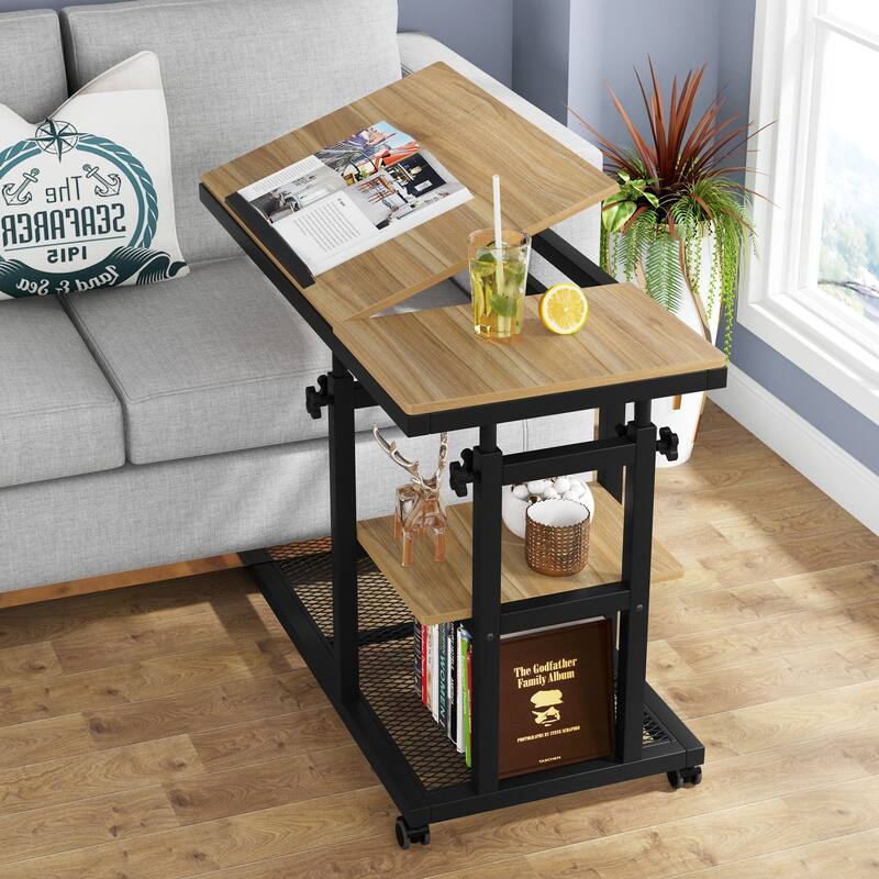 Height Adjustable C Table with Wheels, Laptop Table for Sofa Couch Bedside