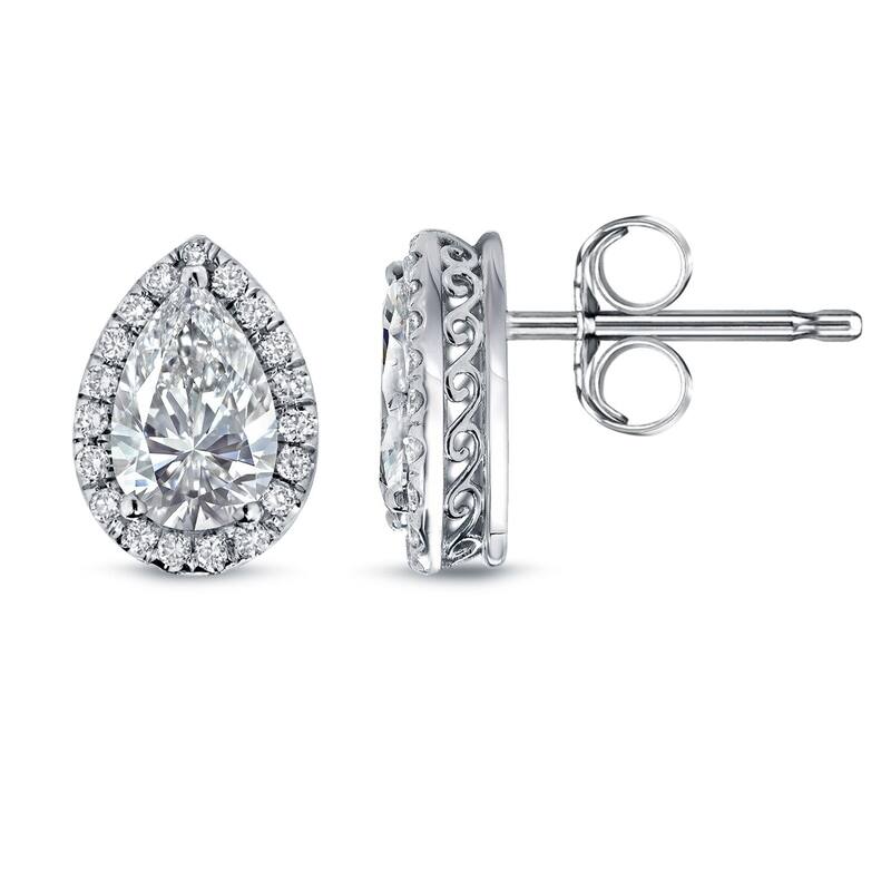 Auriya 14k Gold Vintage Pear-cut Diamond Halo Stud Earrings 2 1/3ctw (H-I, SI2-SI3) - White