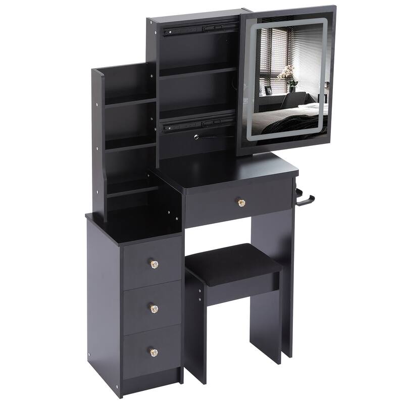 29.2" Small Size Left Bedside Cabinet Vanity Table + Cushioned Stool, 2 AC+2 USB Power Station, Hair dryer bracket
